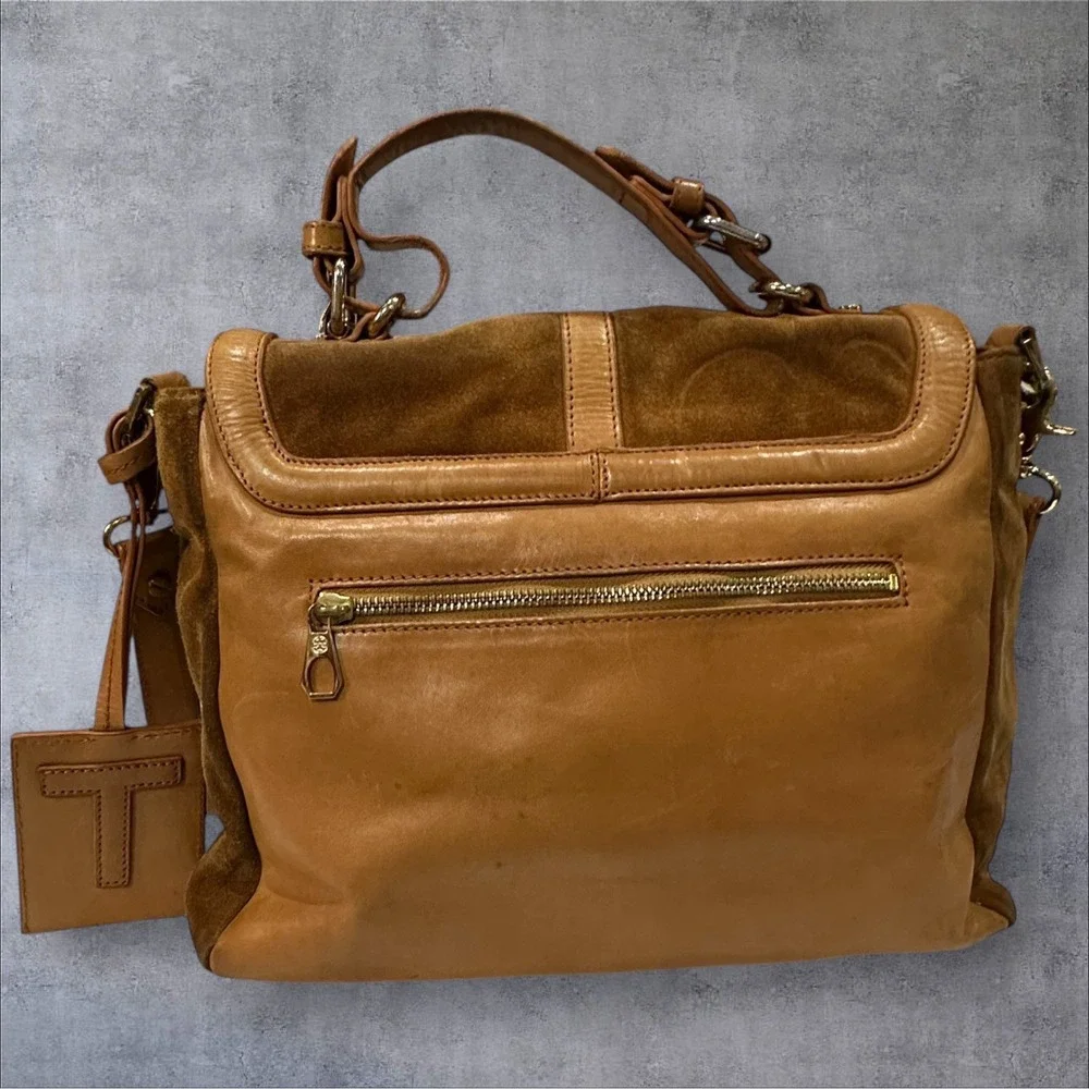 Tory Burch 797 Satchel Bag Womens Medium Tan Suede Leather Crossbody HTF-READ